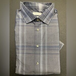 Calvin Klein Men's Gray and Blue Striped Shirt | Dress Shirt for Men | Size L